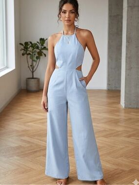 DO+BE Light Blue Halter Cutout Wide Leg Jumpsuit Size Small